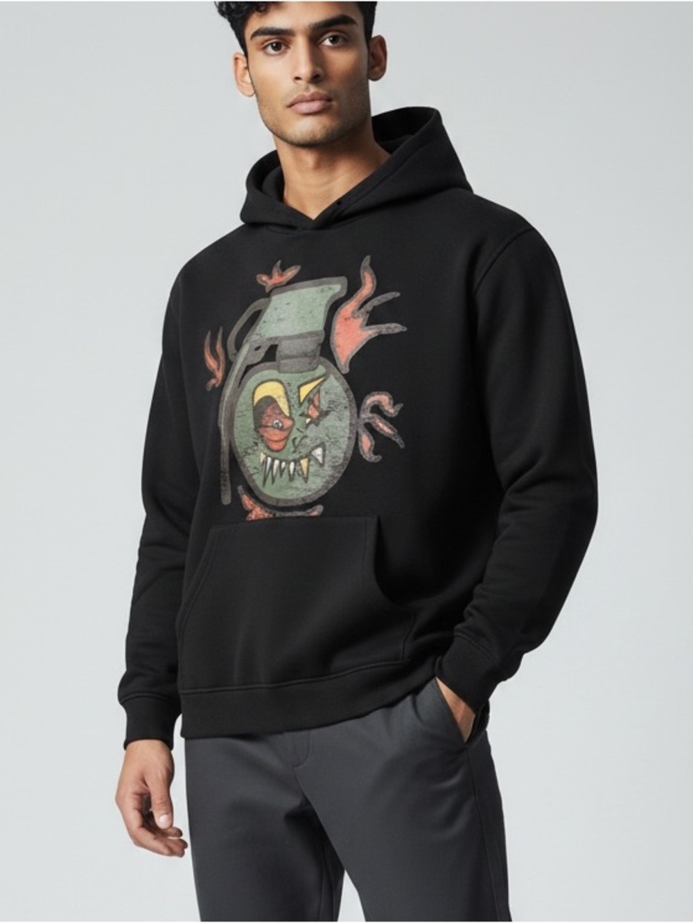 LGNDS NWT Black Graphic Pullover Hoodie with Cartoon Grenade Motif